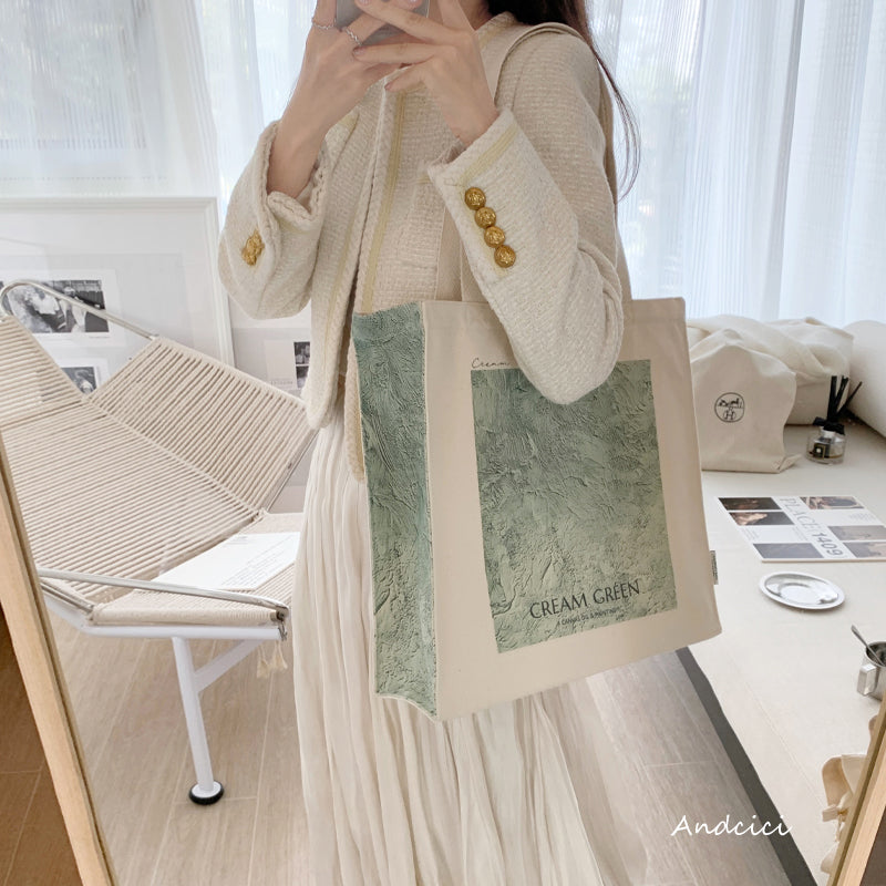 Cream Green Abstract Art Canvas Tote Bag with Zip - Andcici