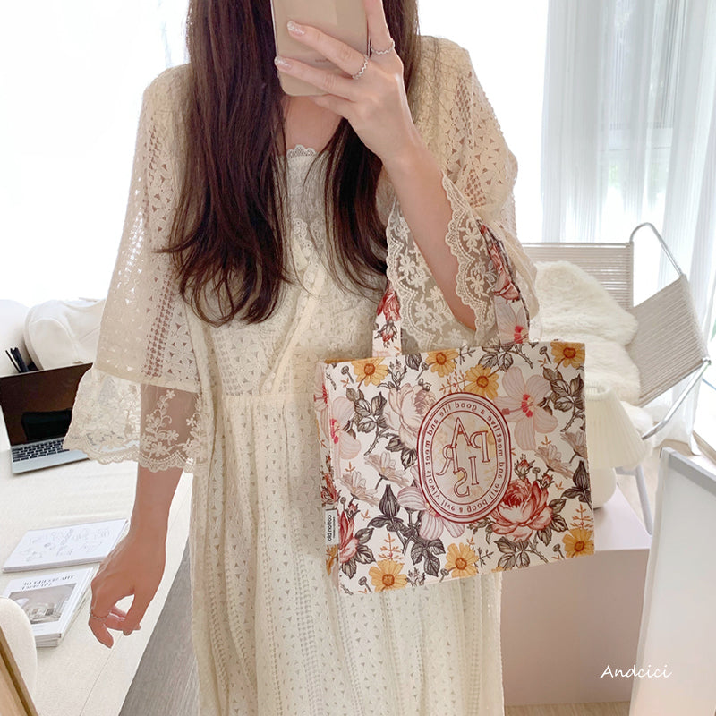 French Flowers Canvas Tote Bag with Zip - Andcici