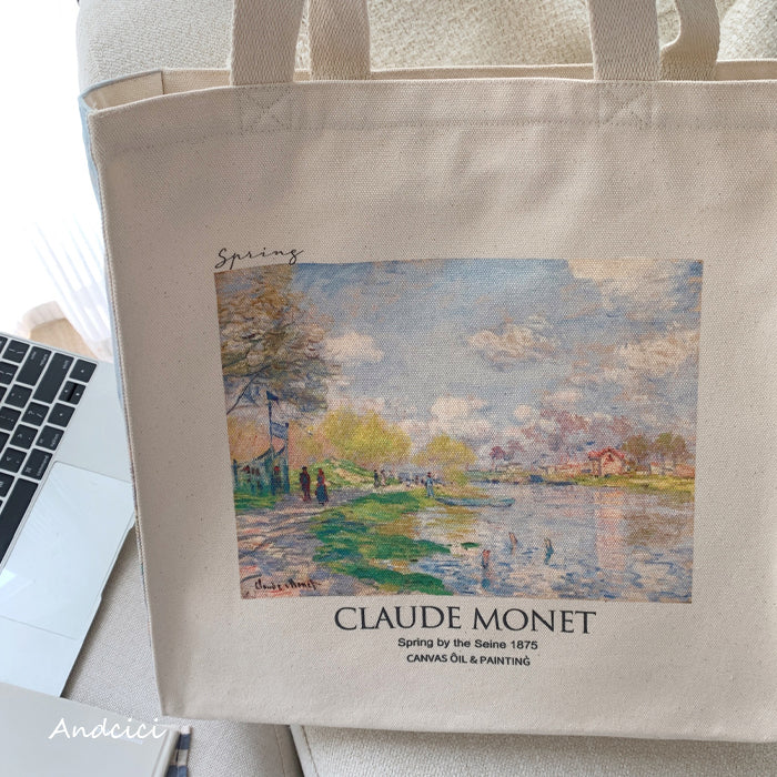 Claude Monet "Spring by the Seine, 1875" Canvas Tote Bag with Zip - Andcici