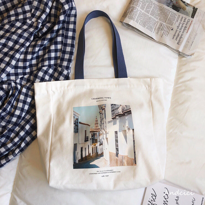 Charming Town Canvas Tote Bag Blue Strap with Zip - Andcici