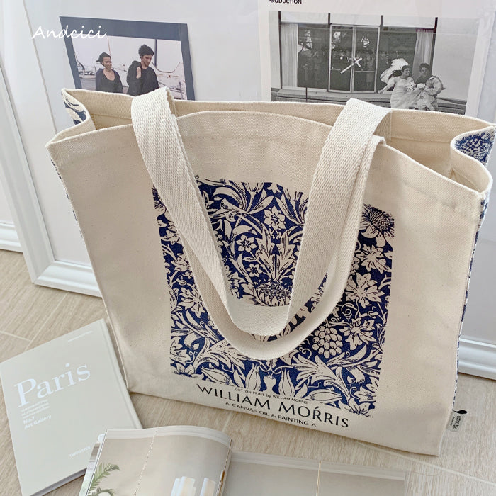 William Morris Navy Blue Botanical Canvas Tote Bag with Zip - Andcici