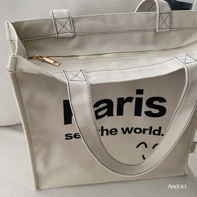 Paris See The World Canvas Tote Bag with Zip - Andcici