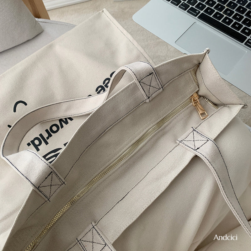 Paris See The World Canvas Tote Bag with Zip - Andcici