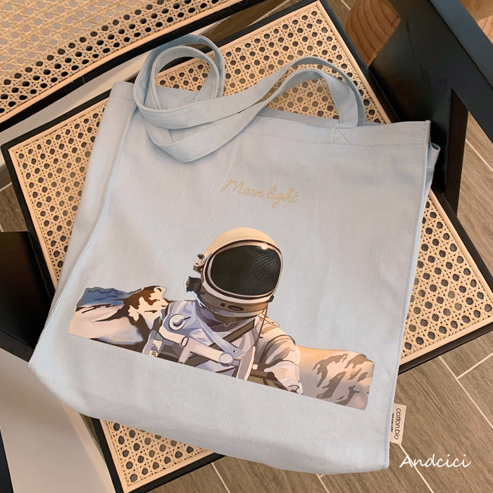 Moonlight Astronaut Abstract Art Canvas Tote Bag with Zip - Andcici