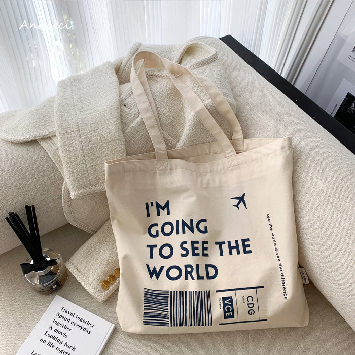 I'm going to see the World Canvas Tote Bag with Inner Zipped Pocket - Andcici
