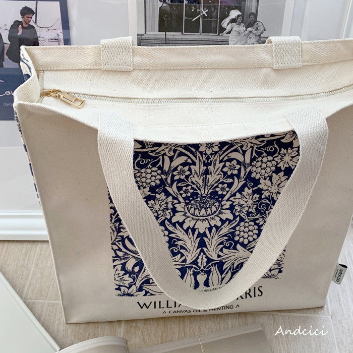 William Morris Navy Blue Botanical Canvas Tote Bag with Zip - Andcici
