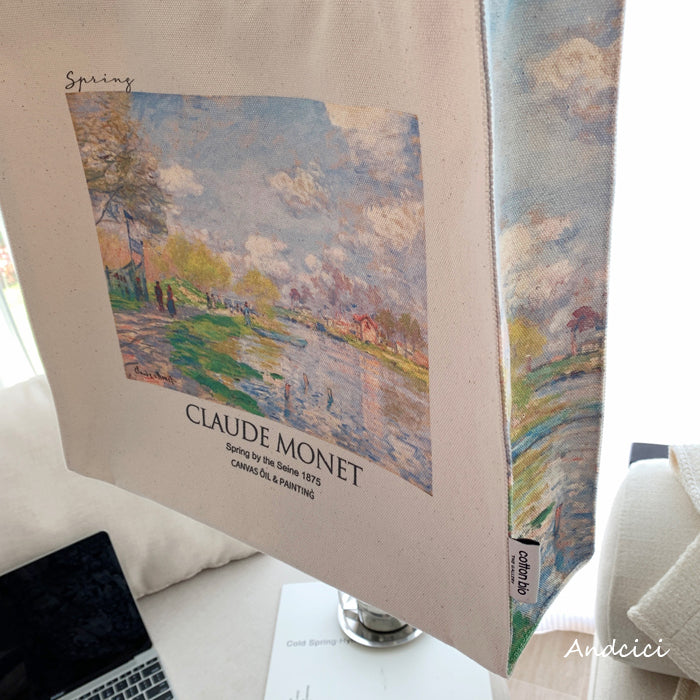 Claude Monet "Spring by the Seine, 1875" Canvas Tote Bag with Zip - Andcici