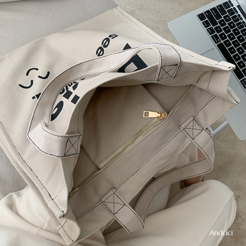 Paris See The World Canvas Tote Bag with Zip - Andcici