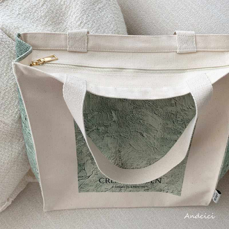 Cream Green Abstract Art Canvas Tote Bag with Zip - Andcici