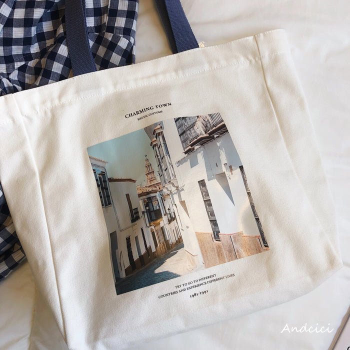 Charming Town Canvas Tote Bag Blue Strap with Zip - Andcici
