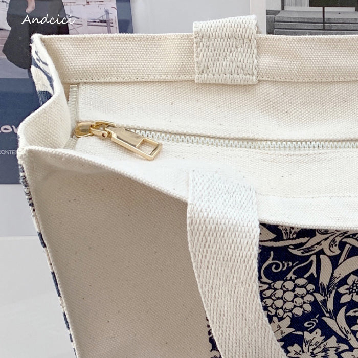 William Morris Navy Blue Botanical Canvas Tote Bag with Zip - Andcici