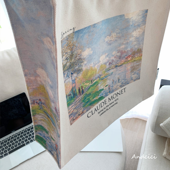 Claude Monet "Spring by the Seine, 1875" Canvas Tote Bag with Zip - Andcici