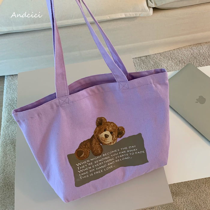 Free Love Bear Art Canvas Tote Bag with Zip - Andcici