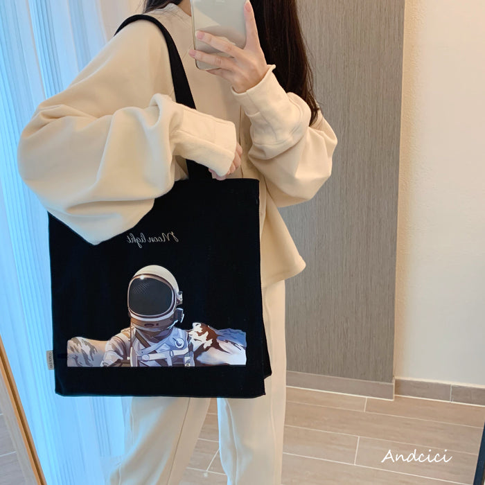 Moonlight Astronaut Abstract Art Canvas Tote Bag with Zip - Andcici