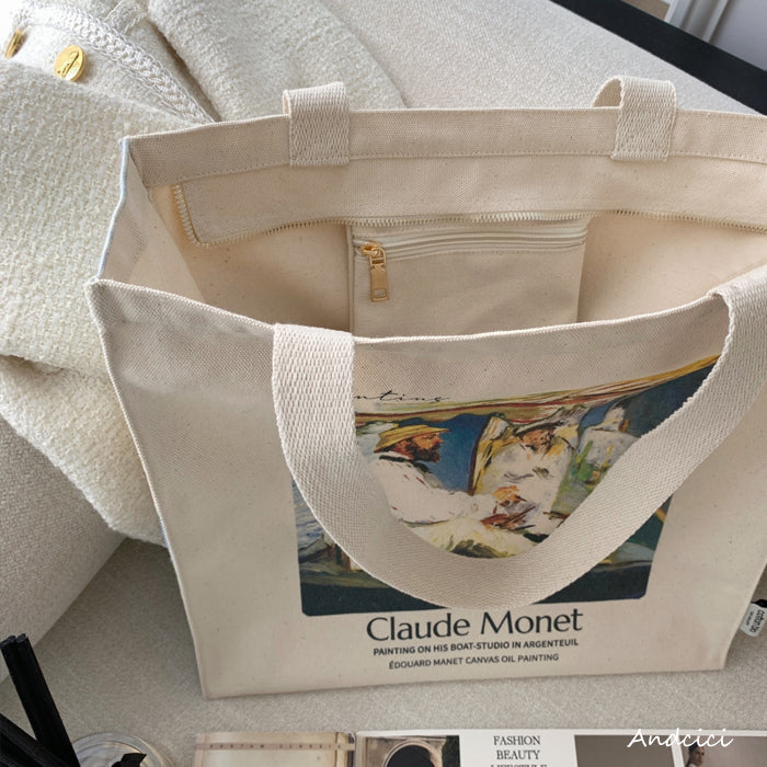 Édouard Manet Claude Monet Painting in his Studio-Boat, 1874 Canvas Tote Bag with Zip - Andcici