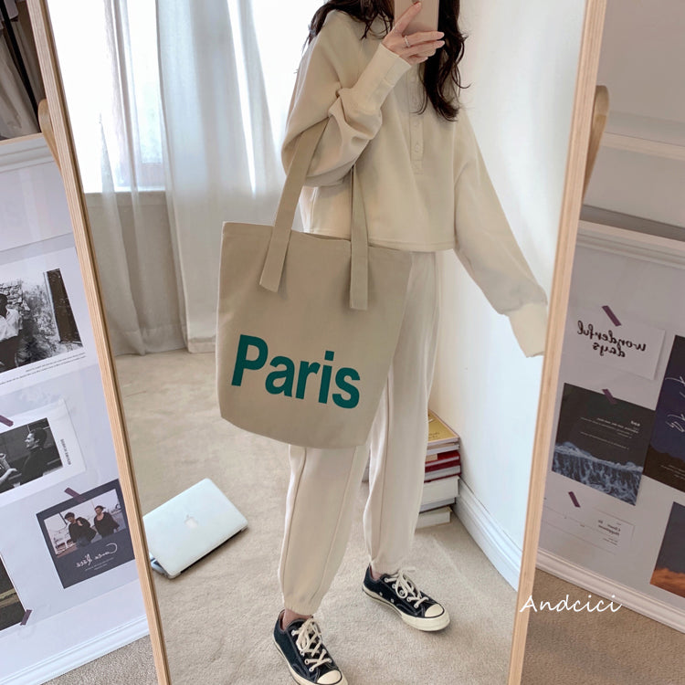 Paris In Green Canvas Tote Bag with Zip - Andcici