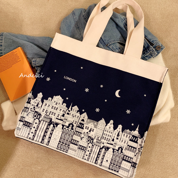 London Night Sky Black Tote Bag with Zip - Andcici