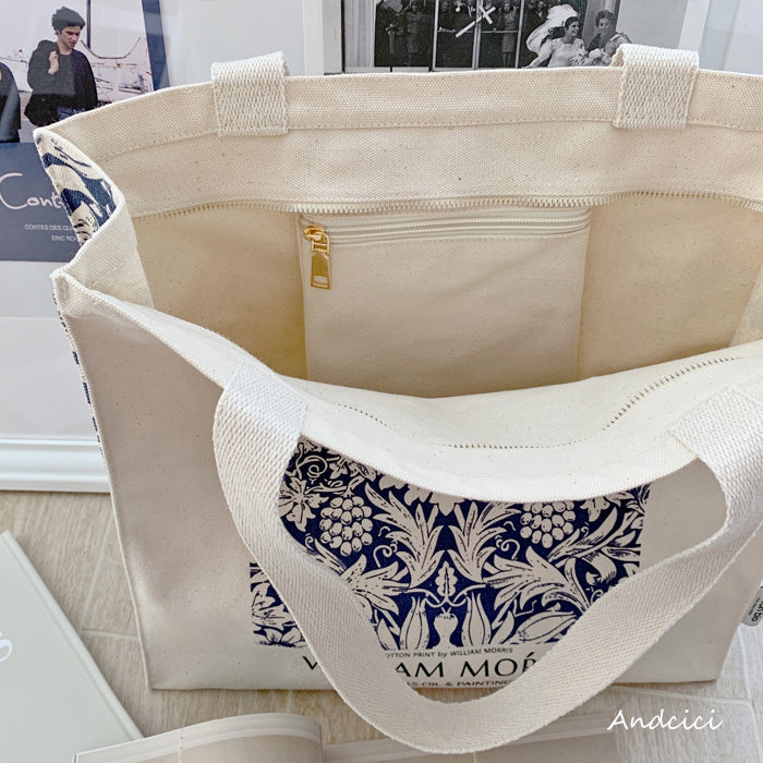 William Morris Navy Blue Botanical Canvas Tote Bag with Zip - Andcici