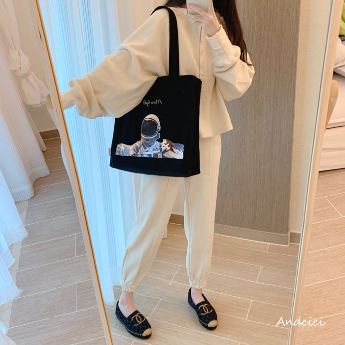 Moonlight Astronaut Abstract Art Canvas Tote Bag with Zip - Andcici