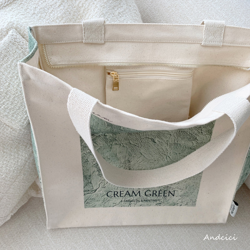 Cream Green Abstract Art Canvas Tote Bag with Zip - Andcici