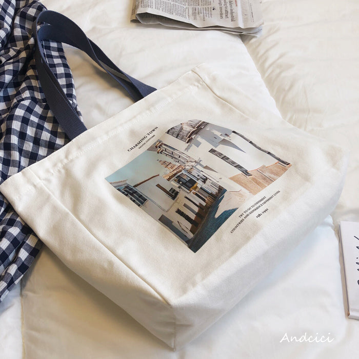 Charming Town Canvas Tote Bag Blue Strap with Zip - Andcici
