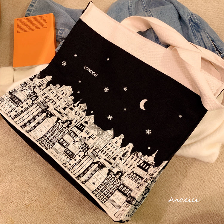 London Night Sky Black Tote Bag with Zip - Andcici