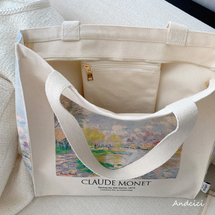 Claude Monet "Spring by the Seine, 1875" Canvas Tote Bag with Zip - Andcici