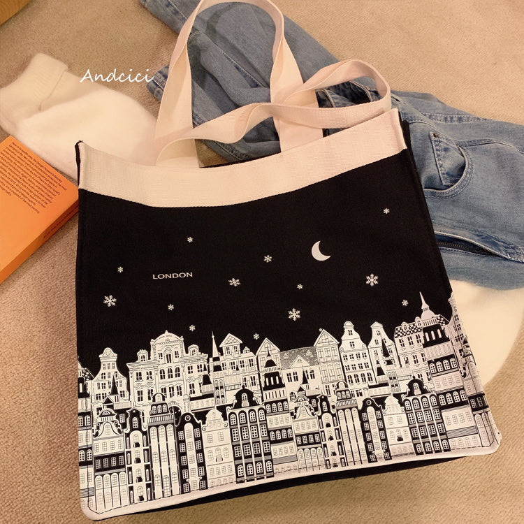 London Night Sky Black Tote Bag with Zip - Andcici