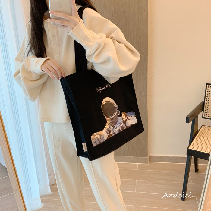Moonlight Astronaut Abstract Art Canvas Tote Bag with Zip - Andcici