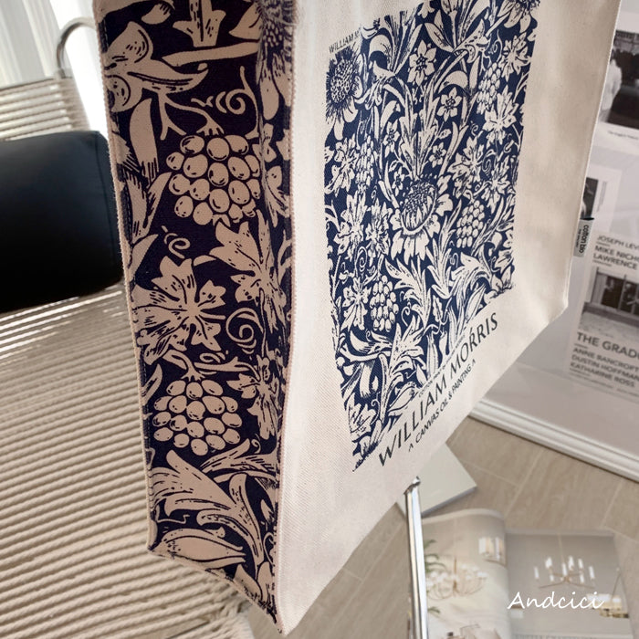 William Morris Navy Blue Botanical Canvas Tote Bag with Zip - Andcici