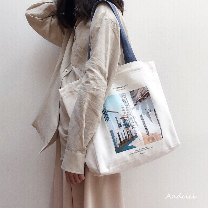 Charming Town Canvas Tote Bag Blue Strap with Zip - Andcici