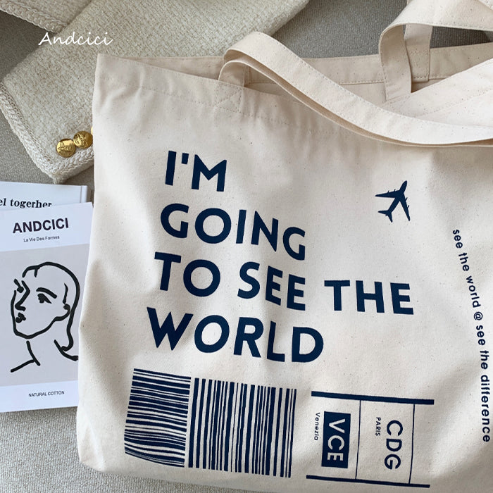 I'm going to see the World Canvas Tote Bag with Inner Zipped Pocket - Andcici