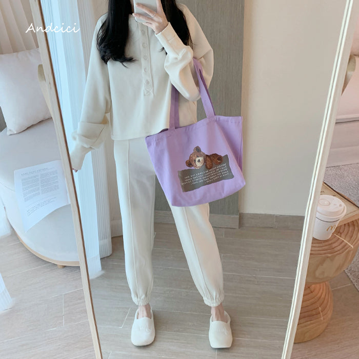 Free Love Bear Art Canvas Tote Bag with Zip - Andcici