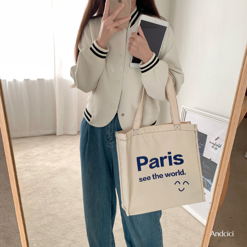 Paris See The World Canvas Tote Bag with Zip - Andcici