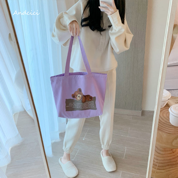 Free Love Bear Art Canvas Tote Bag with Zip - Andcici