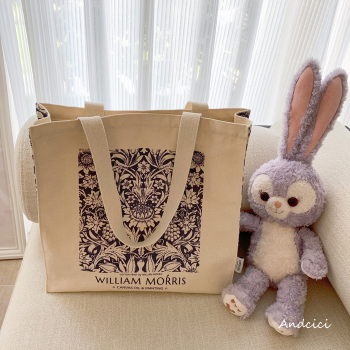 William Morris Navy Blue Botanical Canvas Tote Bag with Zip - Andcici