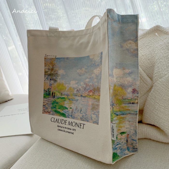 Claude Monet "Spring by the Seine, 1875" Canvas Tote Bag with Zip - Andcici