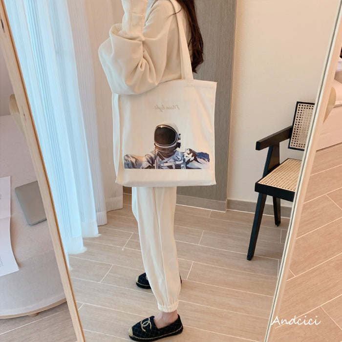Moonlight Astronaut Abstract Art Canvas Tote Bag with Zip - Andcici