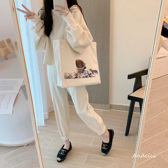 Moonlight Astronaut Abstract Art Canvas Tote Bag with Zip - Andcici