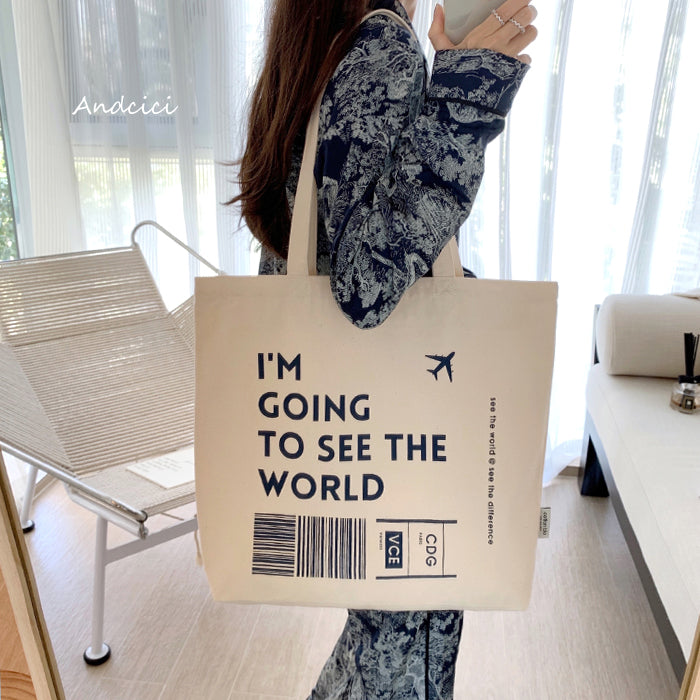 I'm going to see the World Canvas Tote Bag with Inner Zipped Pocket - Andcici