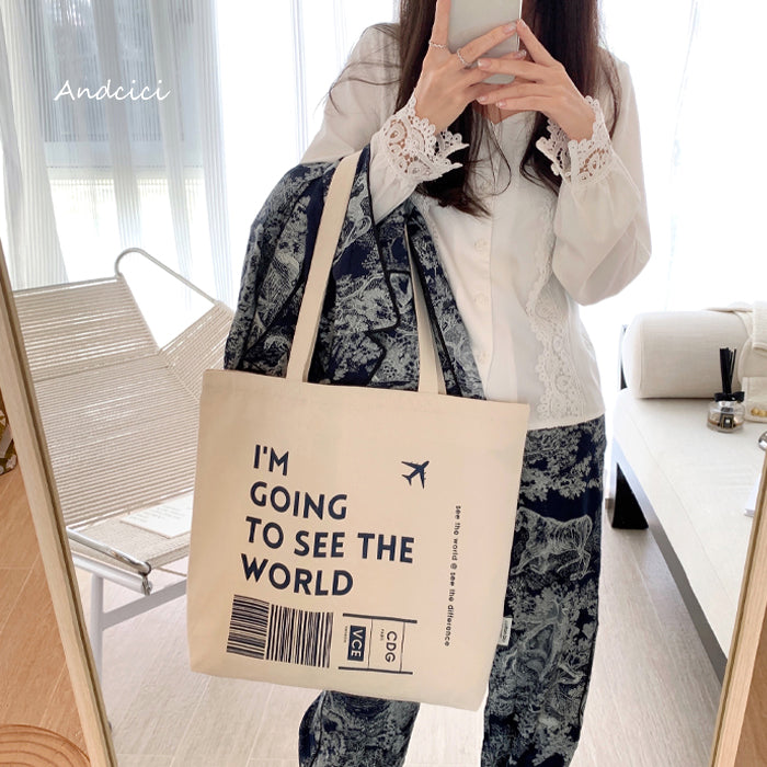 I'm going to see the World Canvas Tote Bag with Inner Zipped Pocket - Andcici