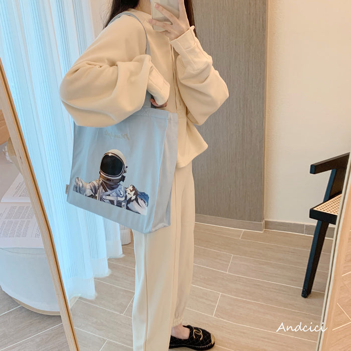 Moonlight Astronaut Abstract Art Canvas Tote Bag with Zip - Andcici