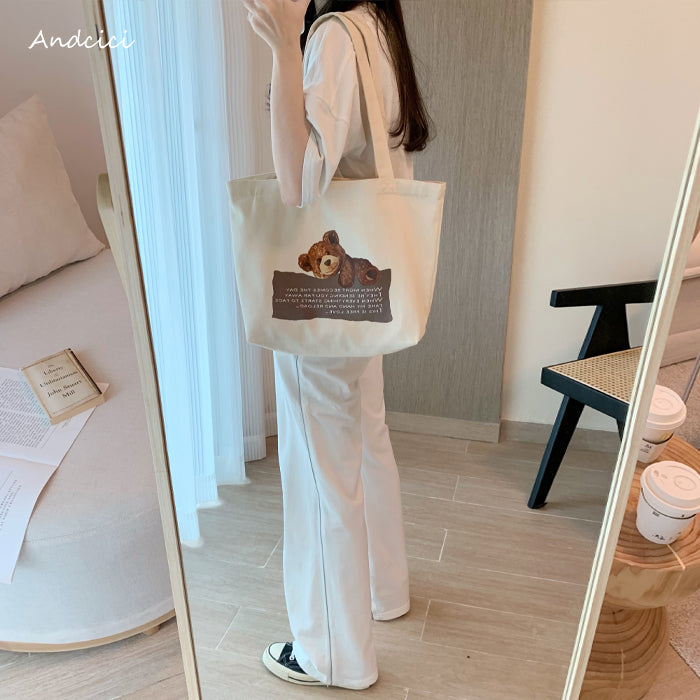Free Love Bear Art Canvas Tote Bag with Zip - Andcici