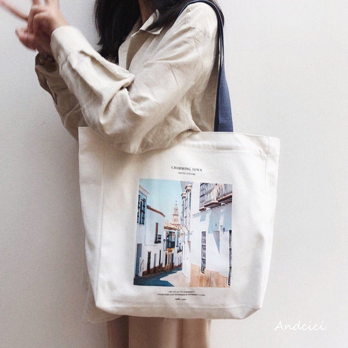 Charming Town Canvas Tote Bag Blue Strap with Zip - Andcici