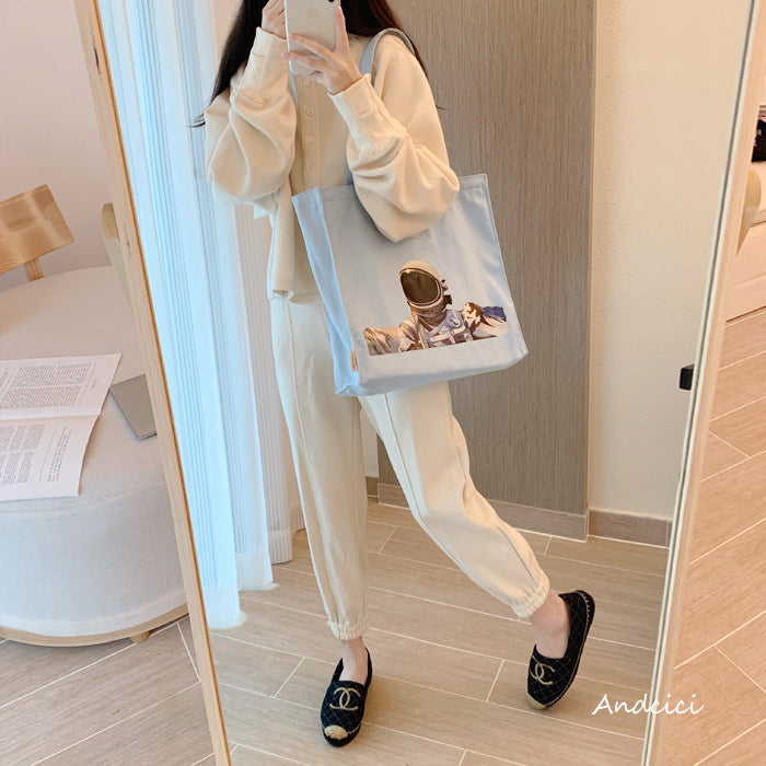 Moonlight Astronaut Abstract Art Canvas Tote Bag with Zip - Andcici