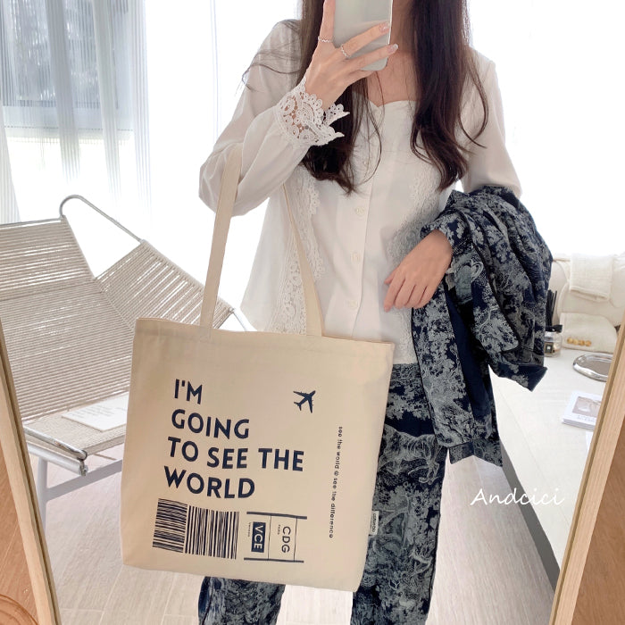 I'm going to see the World Canvas Tote Bag with Inner Zipped Pocket - Andcici