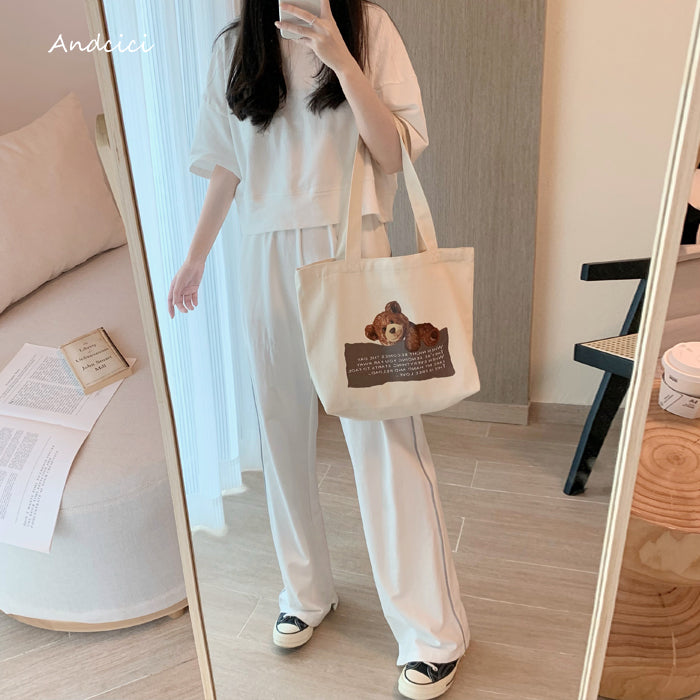 Free Love Bear Art Canvas Tote Bag with Zip - Andcici