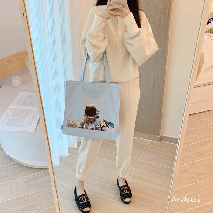 Moonlight Astronaut Abstract Art Canvas Tote Bag with Zip - Andcici