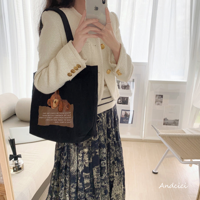 Free Love Bear Art Canvas Tote Bag with Zip - Andcici