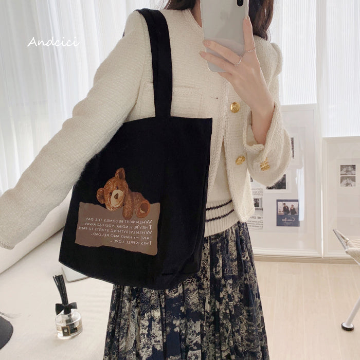 Free Love Bear Art Canvas Tote Bag with Zip - Andcici